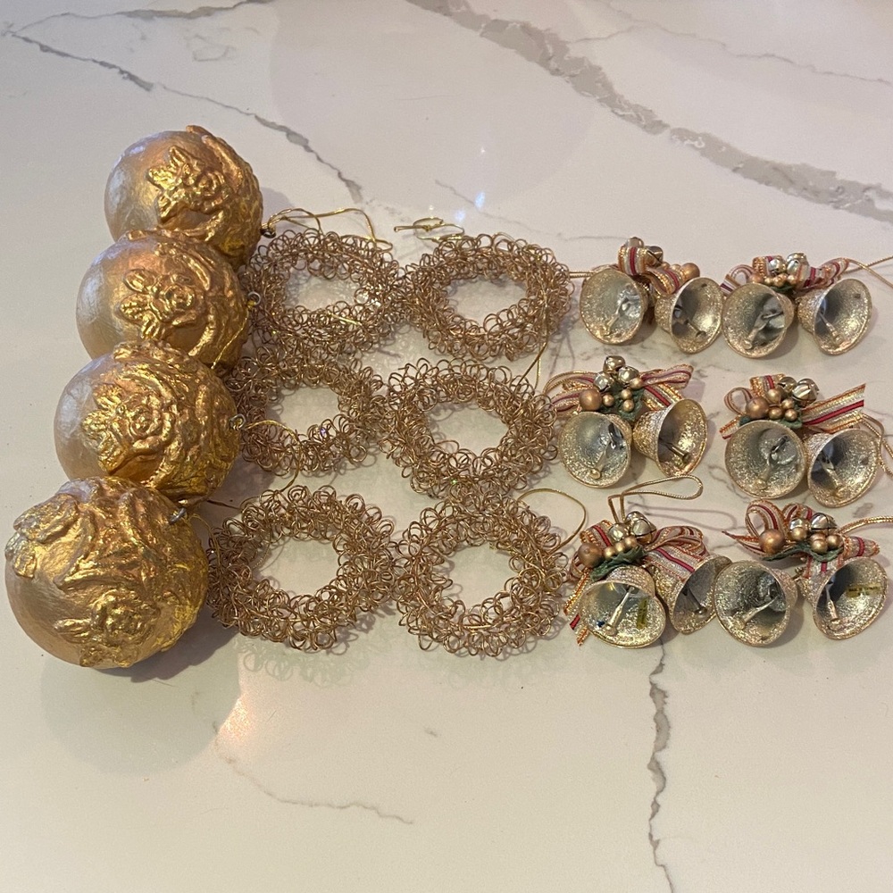 Assortment of Vintage Glittering Gold Wreath and Tree Decor.